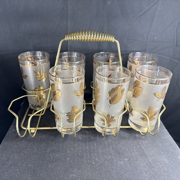 Vintage Libbey Golden Foliage Frosted 12oz Tumbler Set of 7 With Wire Caddy - Picture 1 of 5